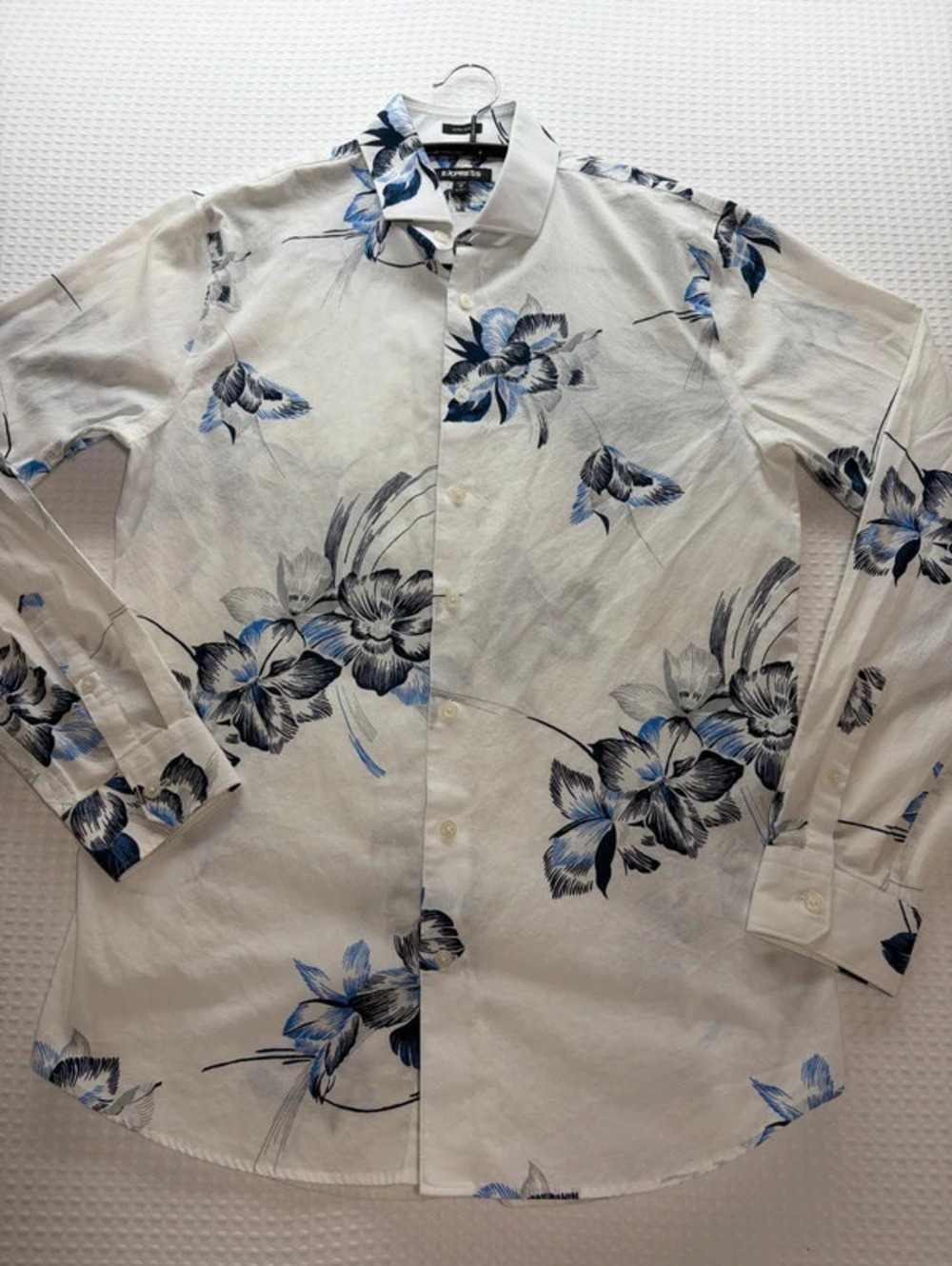 Express Women’s White Button-Down Shirt with Blue Floral Print